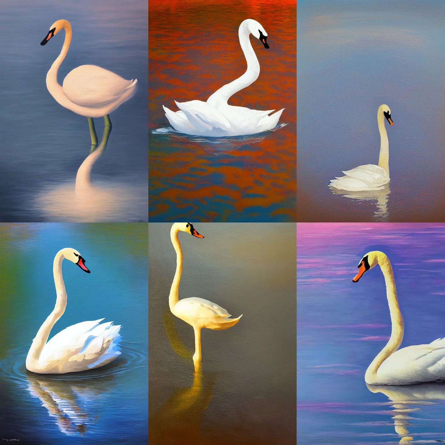 Prompt: surreal abstract swan on a lake, oil painting, highly detailed, full shot, ambient lighting, illustration, digital art,