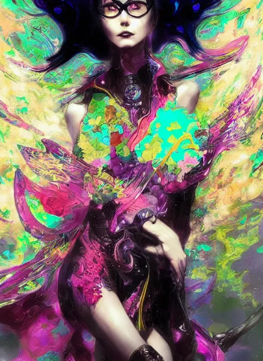 Image similar to An psychedelic concept art of bayonetta, by Ruan Jia, Moebius, hiroshi yoshida, Druillet, colorfull, vivid colors, artstation