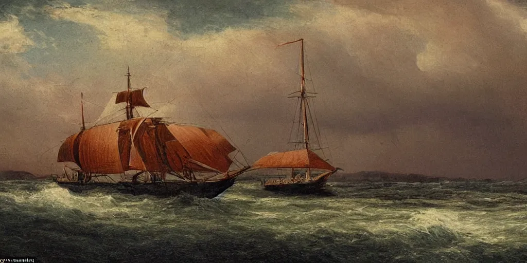 Image similar to portrait of a victorian ship sailing down a river, 1 9 th century, highly detailed, cinematic lighting, painting in the style of john ward