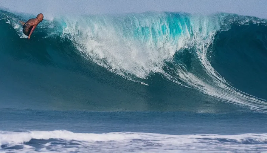 Prompt: a surf photograph of kelly slater surfer tucked into a massive barreling wave in bali, great white shark in the face of the wave. fast shutter speed, surf photography, dslr,