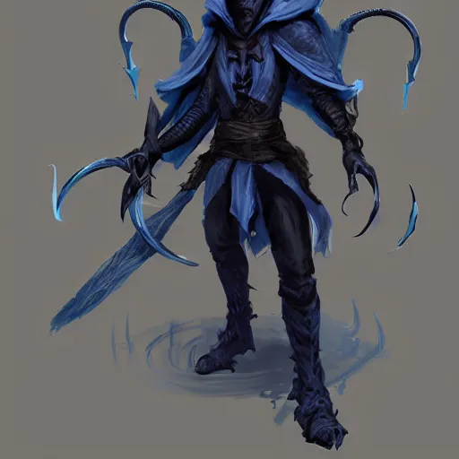 Prompt: D&D character concept art of a cloaked tiefling, tiefling rogue, blue skin color with short horns and a devil tail, fighting pose of a Rogue holding daggers, black cloak hidden in shadows, full body pose, soft colors, fantasy, intricate, elegant, highly detailed, digital painting, artstation, concept art, smooth, perfect face, sharp focus, illustration, wide angle shot, full body visible, art by artgerm and H R Giger and alphonse mucha