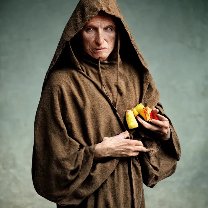 Prompt: closeup portrait of a cloaked hooded figure holding candy, standing in a desolate abandoned house, by Annie Leibovitz and Steve McCurry, natural light, detailed face, CANON Eos C300, ƒ1.8, 35mm, 8K, medium-format print