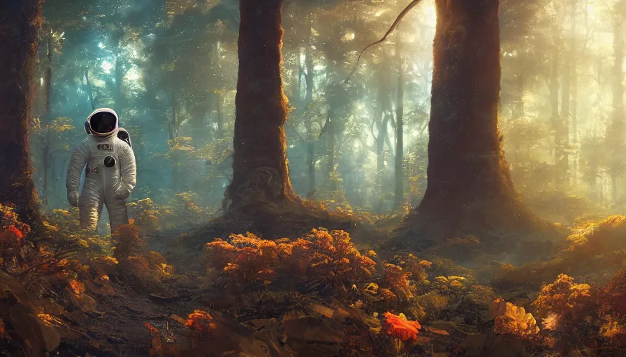 Image similar to A beautiful painting of an Astronaut in a wild magical forest, ray traced sun light, by Cindy Avelino and Kalin Popov , Trending on artstation HD.