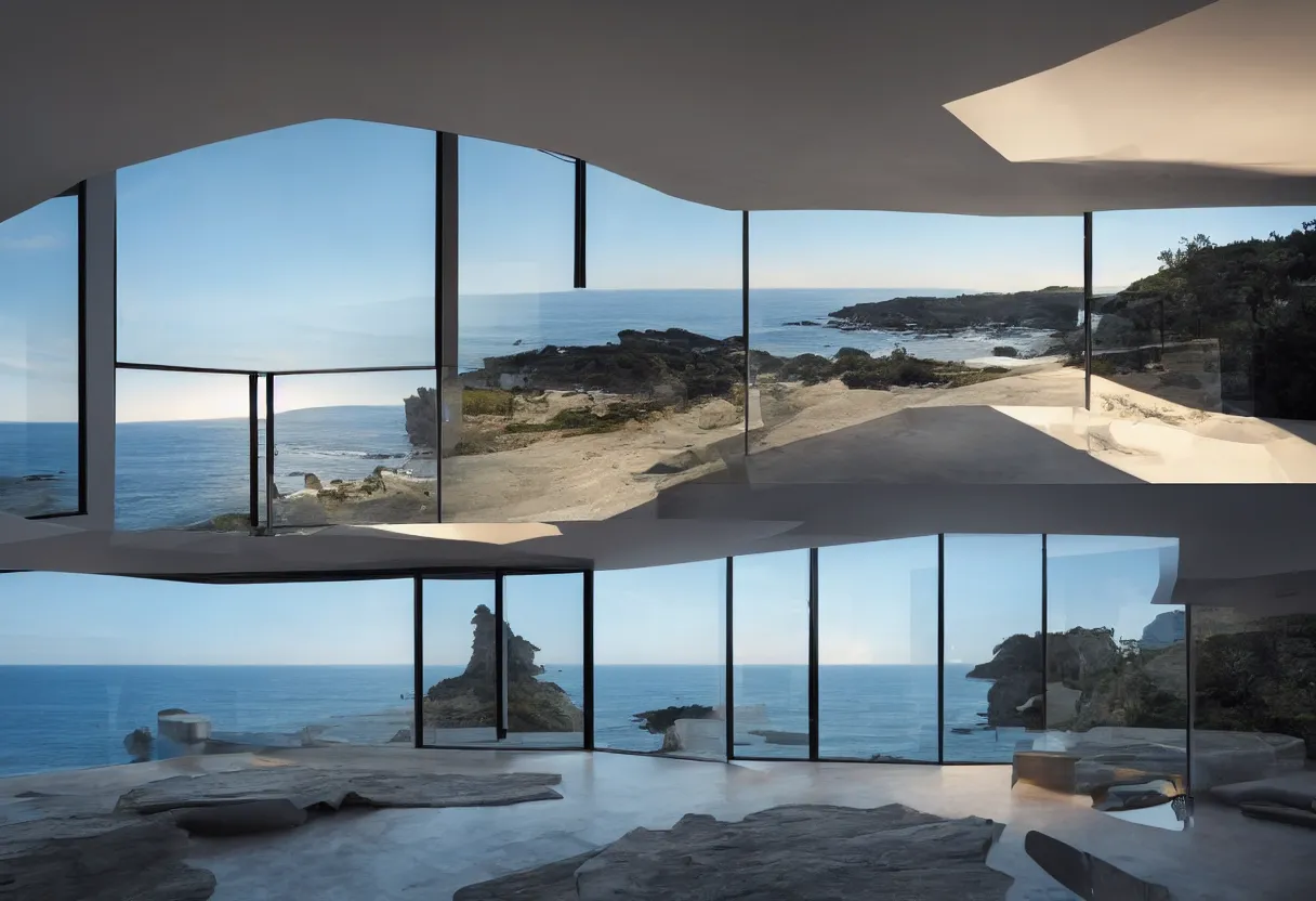 Image similar to Modern house interior with big windows at dawn, Located on a cliff view to the sea minimalistic epic architecture coherent high detail