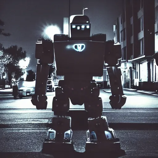 Prompt: giant robot at night, claws, humanoid, face, horror movie, stark light, dramatic lighting, evil smile, street at night, cars in the background, trash on the ground, night sky, scary, evil