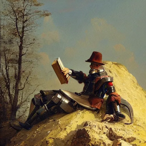 Image similar to a gorgeous Carl Spitzweg painting of a robot standing on a rocky hill reading a book, artstation