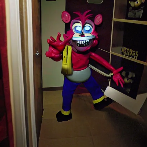 Image similar to horror creepypasta chuck E cheese breaking into room, hyperrealistic blood and eyes