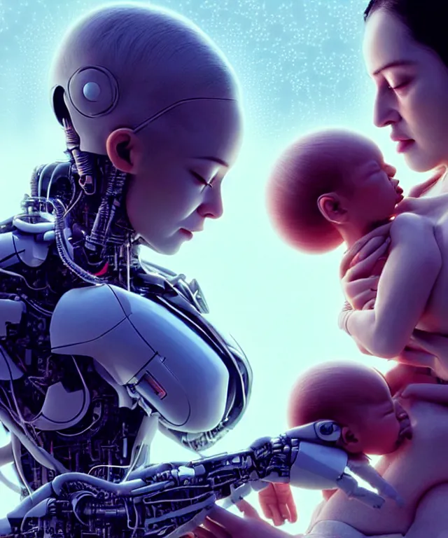 Prompt: realistic detailed photo of futuristic cyborg-madonna holding a newborn baby child in hands , artwork by Tooth Wu and wlop and beeple, greg rutkowski. still from a 2021 movie by Terrence Malick, Tarkovsky, Gaspar Noe, James Cameron,