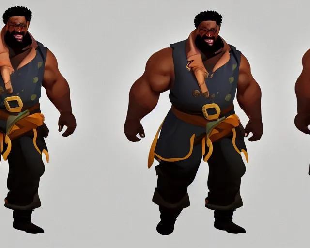 Image similar to sea of thieves character portrait concept art for a huge hulking muscular african american man wearing a blue jacket shirt pants and boots with a pegleg, cgsociety, trending on artstation, character sheet, model sheets, angles, reference, rare ltd,