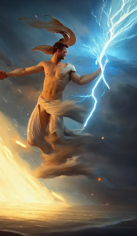 Image similar to the god zeus, lightning, action, epic, sharp focus, digital art, concept art, dynamic lighting, by anna dittman, jessica rossier and rossdraws