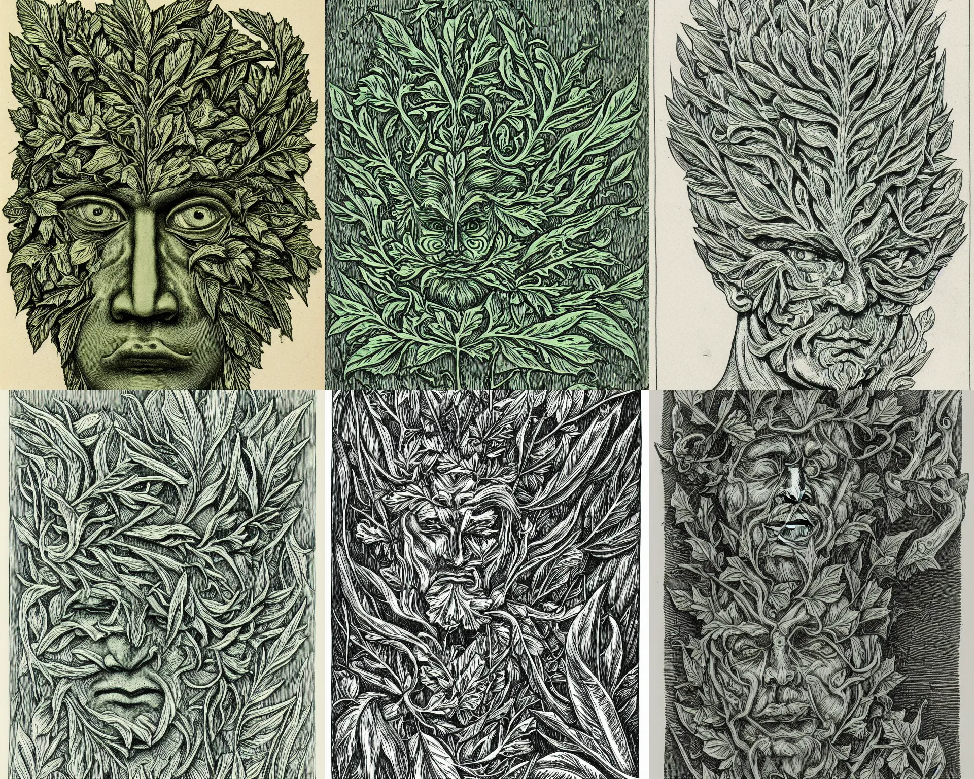 Prompt: a green man face design, highly detailed, horizontally symmetrical, lithograph, frontispiece