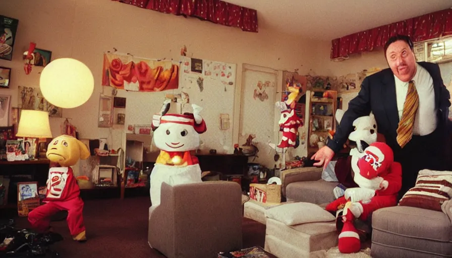 Prompt: 1990s candid 35mm photo of a beautiful day in the family living room, cinematic lighting, cinematic look, golden hour, a very large, oversized Japanese magical costumed toy salesman mascot is teleporting out of the TV and aggressively selling the family and kids toys by force, the costumed salesman is a very large giant, he has fancy decorations on his costume, there is a big toy in the living room with the family, toys in the room, UHD