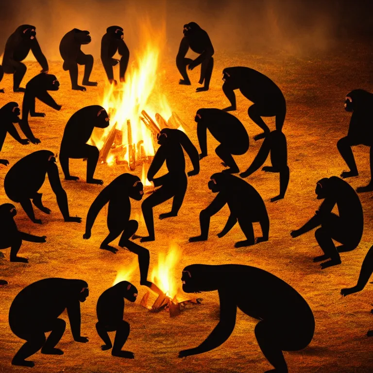 Prompt: real life 1 2 chimpanzees dancing in circle, bonfire in center, a jungle, cinematic, volumetric lighting, vivid colours, long evil shadows, f 8 aperture, cinematic eastman 5 3 8 4 film, photorealistic