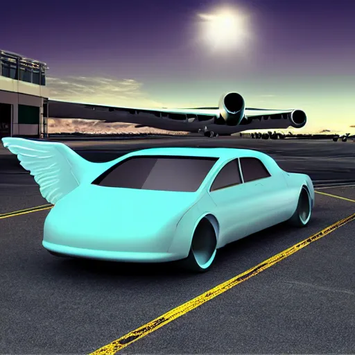 Prompt: car with wings arriving at the airport photorealistic image