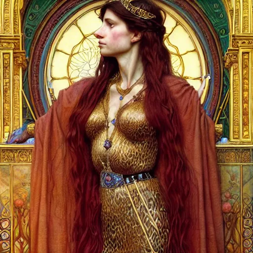 Image similar to highly detailed portrait of a majestic lioness queen in the form of a beautiful woman. d & d, art by donato giancola and evelyn de morgan and carl larsson and john william waterhouse. trending on artstation, intricate details, energetic composition, golden ratio, concept art, illustration, elegant art