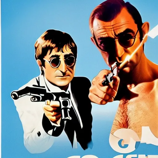 Prompt: john lennon pointing a gun at sean connery, james bond, 1960s film poster