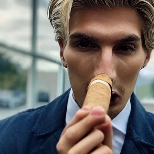 Image similar to a closeup photo of handsome gigachad xqc smoking a cigar