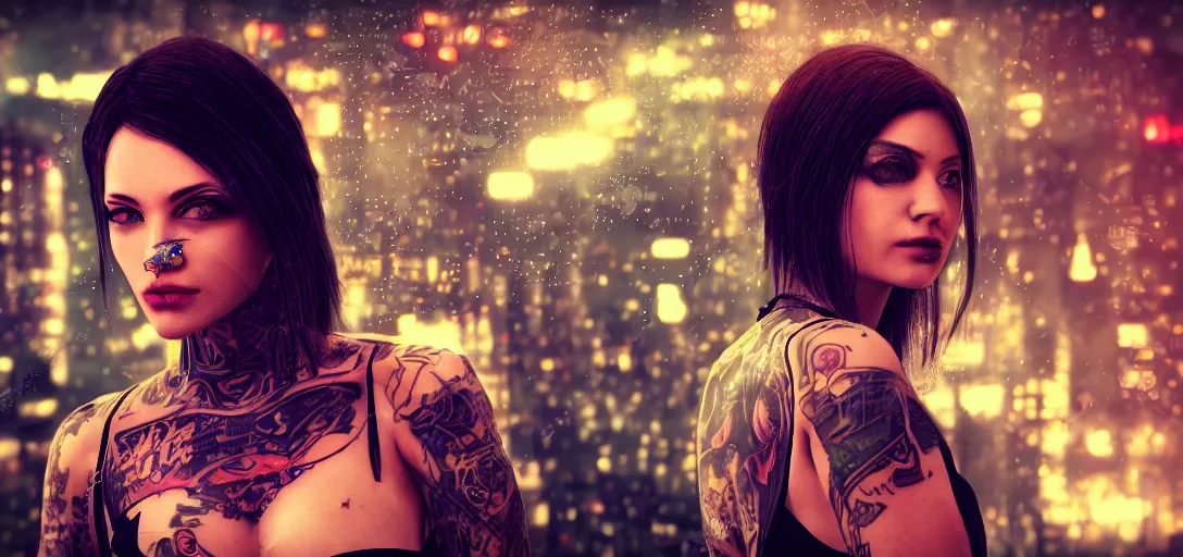 Image similar to a beautiful cyberpunk chick with tattoos photorealism bokeh