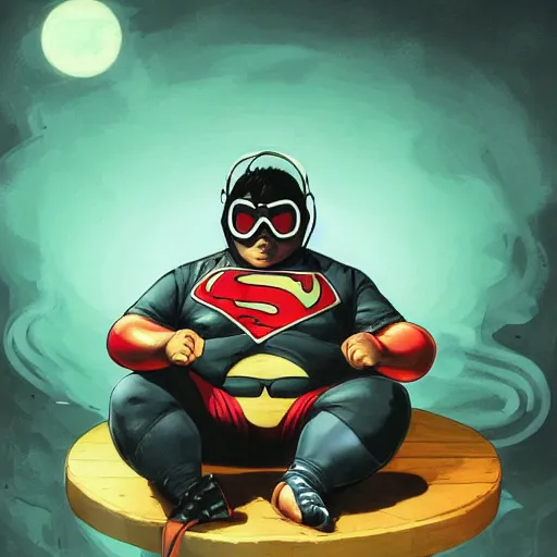 Image similar to an insanely detailed painting of a chubby nerdy asian man wearing a homemade superhero costume and mask, sitting at a computer desk typing on the keyboard, in the style of peter mohrbacher, dramatic lighting and composition, trending on artstation, concept art, comic book, graphic novel, back view