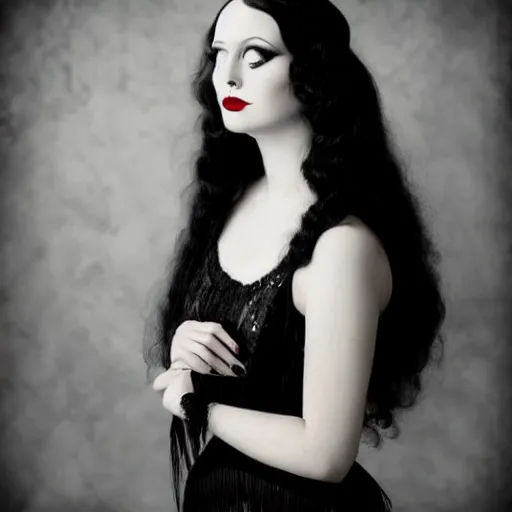 Image similar to young woman, angelica morticia addams, long black hair, short, flapper, vintage, creepy, beautiful, macabre