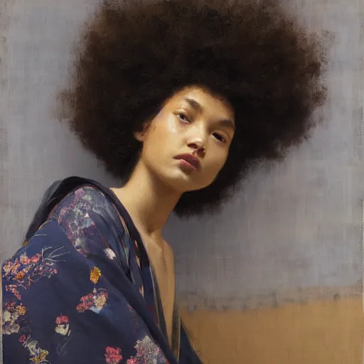 Image similar to girl with afro and angel wings, in kimono, backview, sitting on edge of bed, by jeremy lipking, tim rees, joseph todorovitch