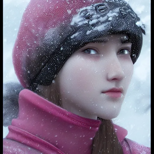 Image similar to a pink and black haired girl wearing a beanie in the snow, digital art, 8 k resolution, unreal engine, highly detailed, pretty face, very beautiful face, very detailed eyes, photorealistic by wlop, greg rutkowski