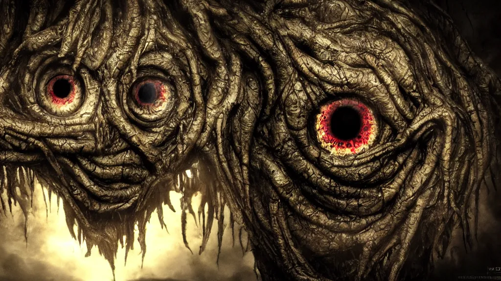 Image similar to monster made of eyes, eldritch, horror, 8K, concept art, filmic, HDR, hyperrealism, volumetric lighting, Dark art