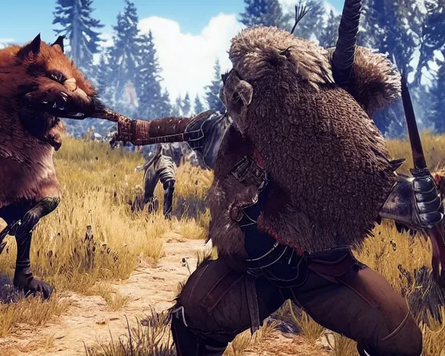 Prompt: gerald of rivia fighting furries from witcher 3 ( 2 0 1 5 videogame )