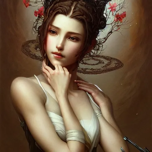 Image similar to aerith gainsborough, intricate, elegant, highly detailed, smooth, sharp focus, award - winning, masterpiece, in the style of tom bagshaw, cedric peyravernay, peter mohrbacher, pinterest