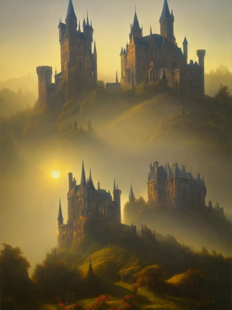 Prompt: a gothic castle in morning's sunlight, mist and dew. 8 k, oil on canvas, hyperdetailed