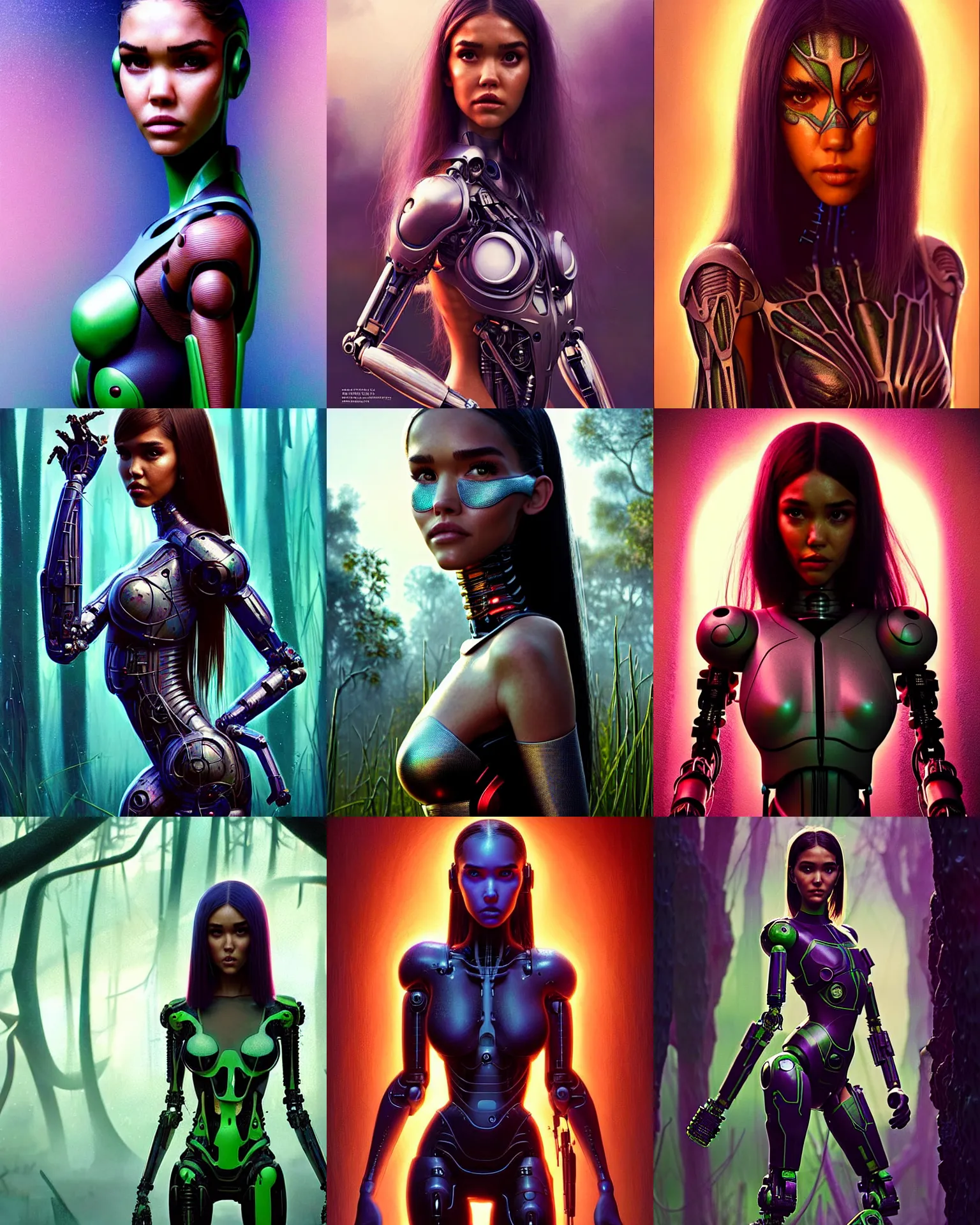 Prompt: pixar sci - fi movie still portrait photo of madison beer, jessica alba : : as hero swamp woman cyborg by pixar : : by greg rutkowski, wlop, rossdraws, artgerm, weta, marvel, raver, elaborate patterned makeup, unreal engine, wet skin, pearlescent, wet, bright morning, anime girl, vogue magazine cover, : :