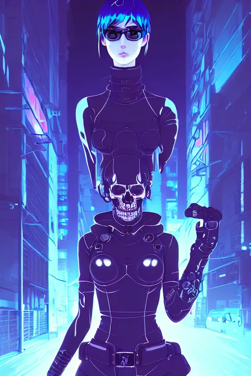 Image similar to digital illustration portrait of cyberpunk pretty girl metal skull armor with blue hair, wearing dominatrix outfit, in city street at night, by makoto shinkai, ilya kuvshinov, lois van baarle, rossdraws, basquiat