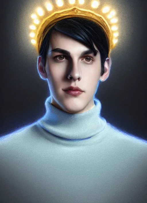 Image similar to portrait of teenage jughead jones wearing a light grey crown, crown, blue turtleneck, closed eyes, photorealistic, black hair, glowing lighting, intricate, elegant, glowing lights, highly detailed, digital painting, artstation, concept art, smooth, sharp focus, illustration, art by wlop, mars ravelo and greg rutkowski