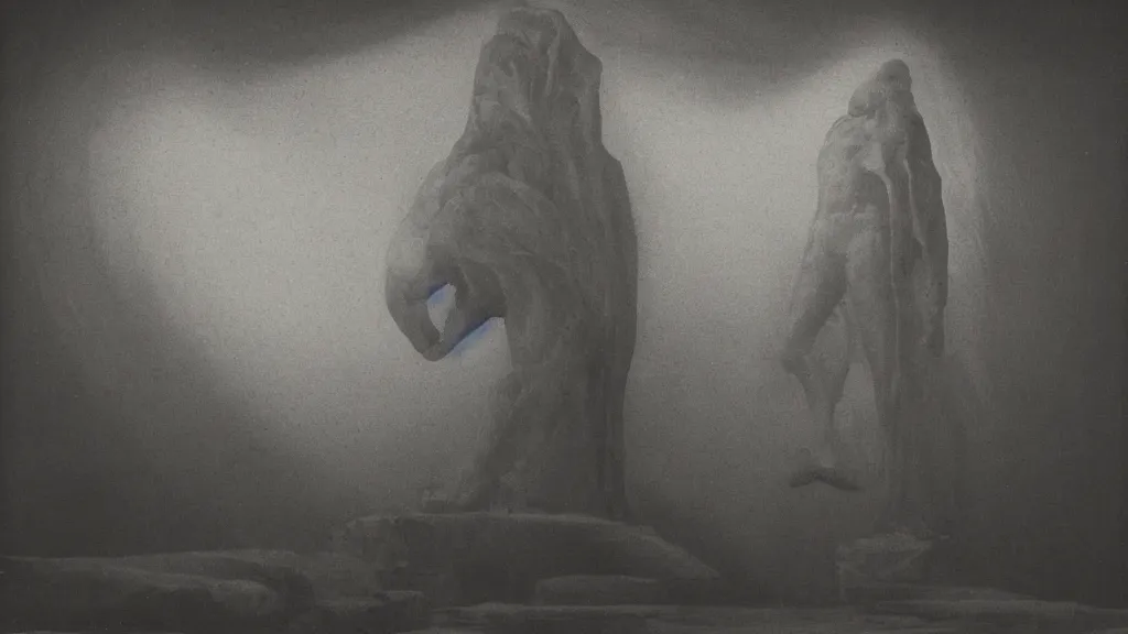 Prompt: a medieval chiaroscuro lithograph of a colossal sculpture by kurt seligmann and edward steichen and hiroshi sugimoto, you feed on some hidden abundance out of a fog