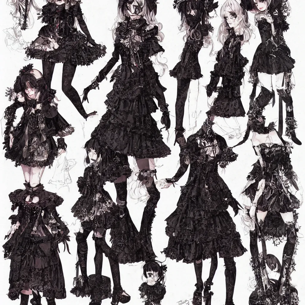 Image similar to anatomy of a gothic lolita, fashionable, spikes, by james gurney