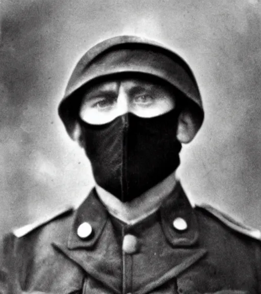 Prompt: a soldier wearing a black mask in distance, ww1 film photo, grainy, high detail, high resolution
