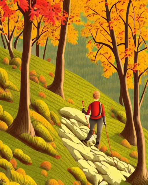 Image similar to autumn hillside boy hiking illustration detailed, matte print