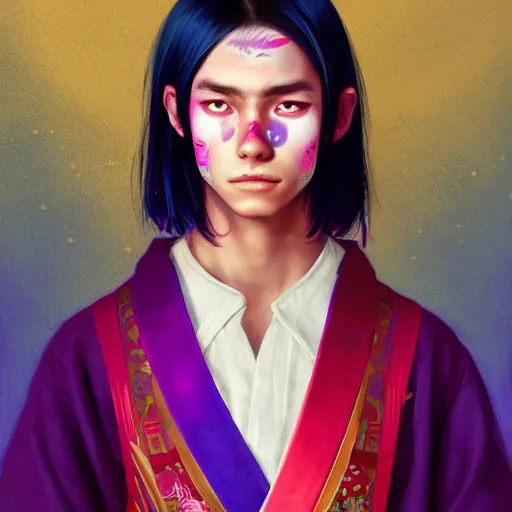Image similar to colorful and Festive Captivating teenager boy with straight indigo japanese hair, purple eyes, red eye markers, wearing a japanese kimono with golden armor pieces. rich vivid colors, ambient lighting, dynamic lighting, 4k, atmospheric lighting, painted, intricate, highly detailed by Charlie Bowater