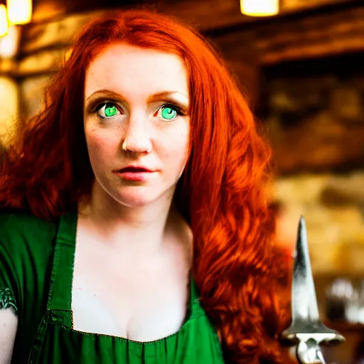 Prompt: beautiful bar maid with auburn hair and green eyes, in a medieval tavern, dramatic, cinematic, filmic, 7 5 mm, f / 1. 8