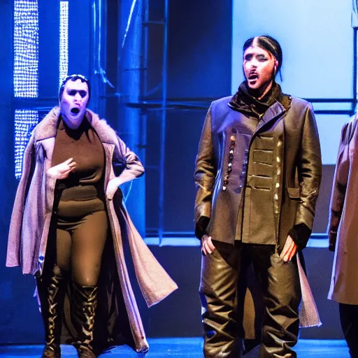 Image similar to an opera performance but the cast is wearing cyberpunk inspired clothes