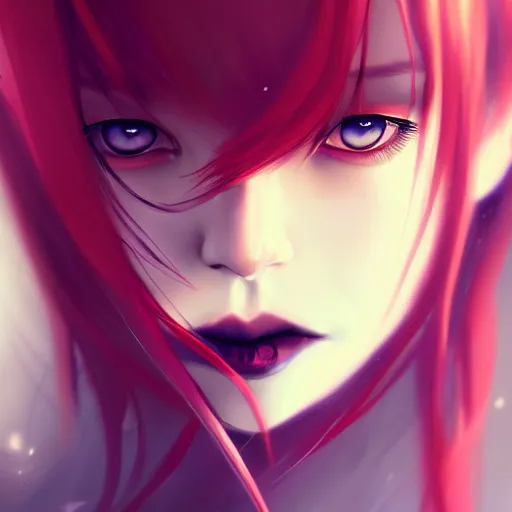 Image similar to facial portrait of a young pretty anime woman, long red hair, dark eyes, gothic eyeliner, character concept art, headshot, Charlie Bowater, Anna Dittmann, WLOP, Rumiko Takahashi, Akihiko Yoshida, Hyung-tae Kim, alexander mcqueen, trending on Artstation