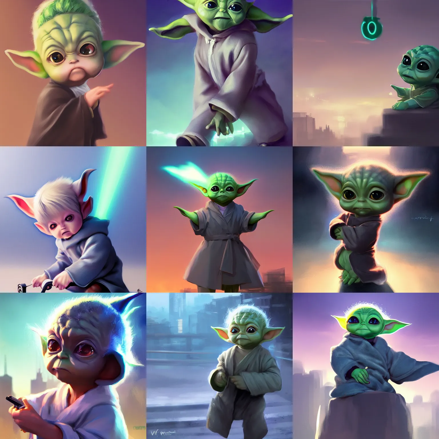 Prompt: Splash art of baby yoda by WLOP, Ilya kuvshinov, Krenz Cushart, and Greg Rutkowski, trending on artstation, Anime baby yoda with blond hair with pigtails blue coat and black shorts she flies by using blue neon powers through the city. Cinematic sunset, faint light