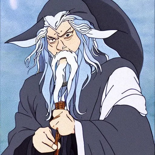 Image similar to gandalf from the anime lord of the rings (1986), studio ghibli, very detailed, hyperrealistic