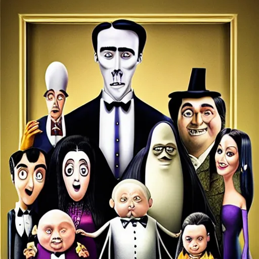 Prompt: family portrait, highly detailed, the addams family all played by Jim Carrey, indoors