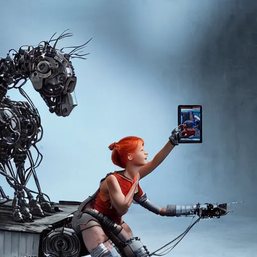 Image similar to A realistic picture of pippi longstocking in the 70’s as a cyborg robot sitting on a metal robot horse, hyper real, highly detailed