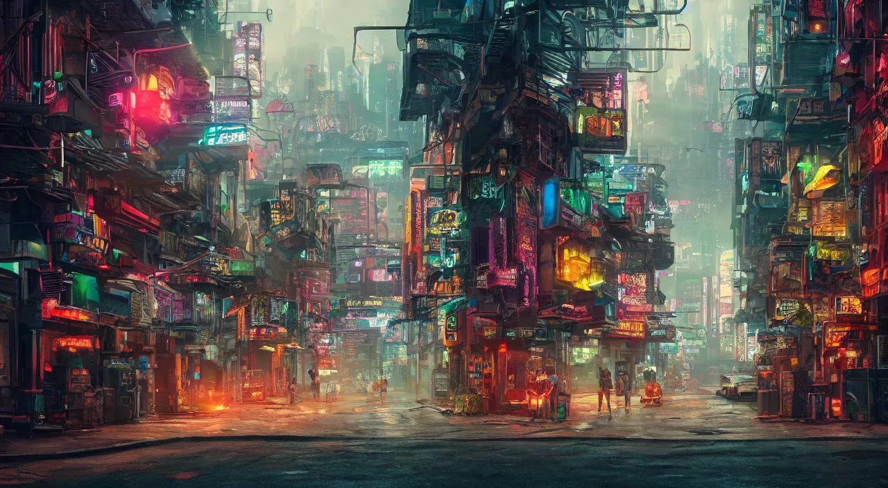 Prompt: Cyberpunk street at night, suns rays, rain, lush vegetation, junk everywhere, neon signs, magical atmosphere, mist, photo realistic, 35mm, octane render, 8k, guido borelli da caluso