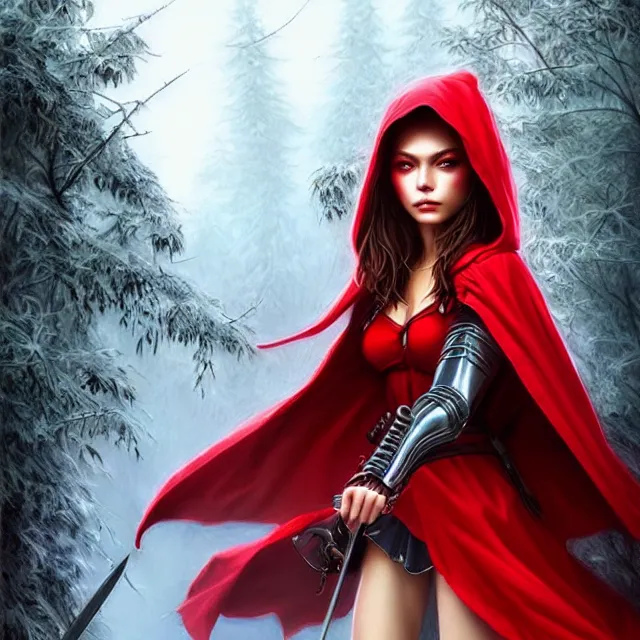 Image similar to beautiful!! red riding hood warrior artgerm highly detailed 8 k hdr smooth sharp focus high resolution award - winning photo photorealistic