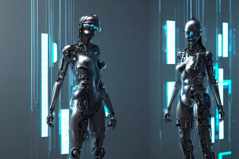 Image similar to cyberpunk cyborg woman concept inspired, futuristic look, highly detailed body, very powerful, photorealistic camera shot, bright studio setting, studio lighting, crisp quality and light reflections, unreal engine 5 quality render