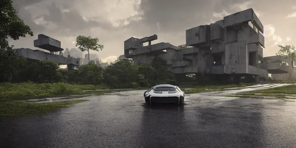 Image similar to highly detailed futuristic car, on the background brutalist architecture by Le Corbusier, abandoned buildings, empty streetscapes, surrounded by lush green vegetation, ground-level view, puddles of water, stunning volumetric lighting, sunset, trending on Artstation, 8k, photorealistic, hyper detailed, unreal engine 5, cinematic, epic lighting, cryengine, octane render, cyberpunk, red and orange glow, dark, gloomy