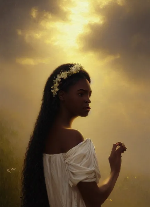 Image similar to oil painting close up portrait of a contemplative young black woman with long dark flowing hair in a white dress, wearing a crown of lilies of the valley at sunset, hazy, digital art, chiaroscuro, artstation, cinematic, golden hour, digital art painting by greg rutkowski, william - adolphe bouguereau, hazy atmosphere, cinematic lighting